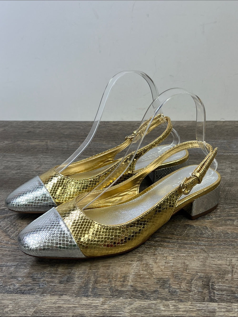 J.Crew Gold & Silver Metallic Snakeskin Slingback Block Heels Size 7.5